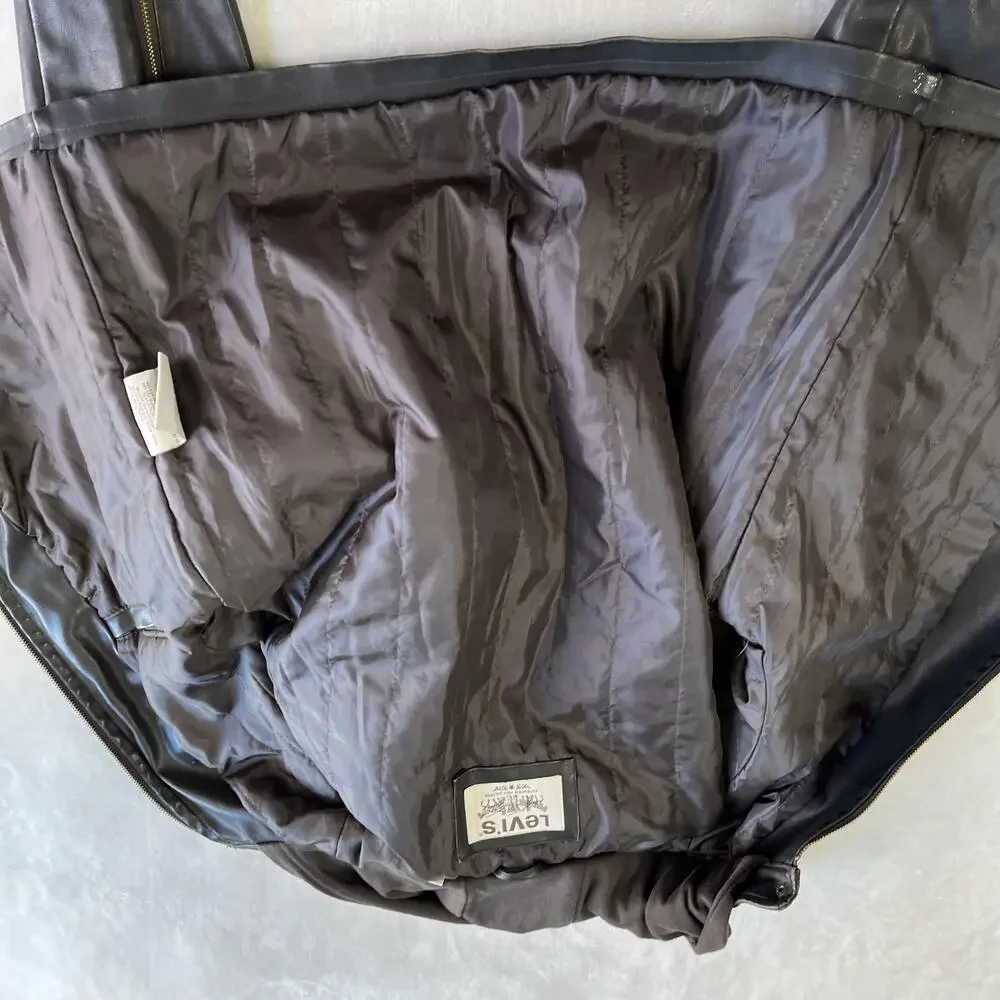 Levi's Jacket Mens Medium Black Faux Leather Hooded Motorcycle Full Zip Lined